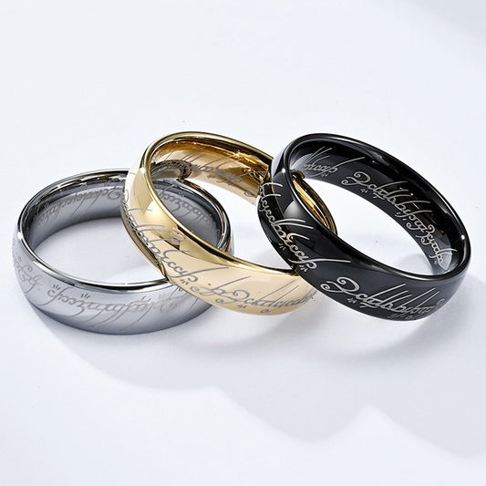 Kemstone Tungsten Steel Elvish Ring – Laser Engraved Gothic Viking Band for Men & Women | K-T032