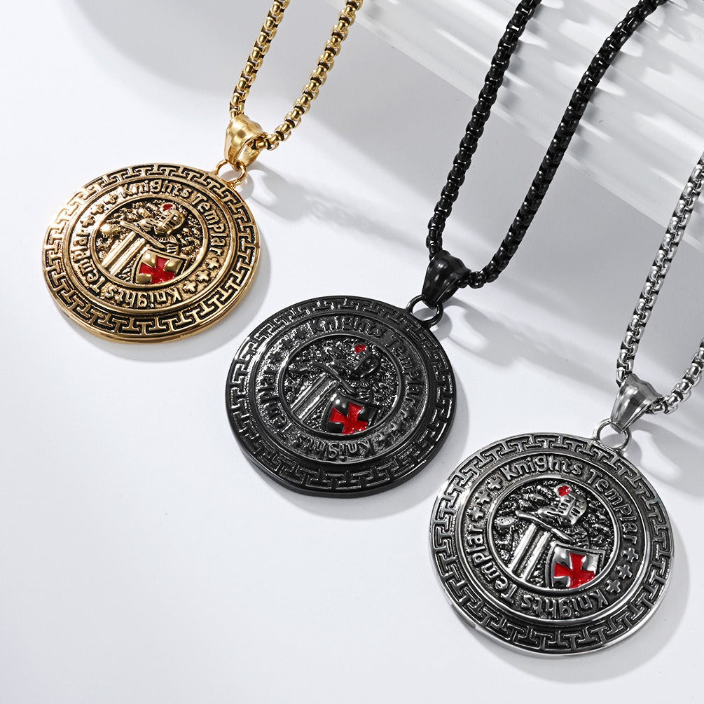 Kemstone Men’s Titanium Steel Shield Necklace – Gothic Cross Pendant K-PT657