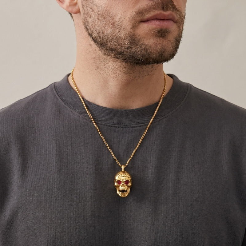 Kemstone Red Eye Detail Skull Pendant Necklace for Men Stainless Steel Gothic Punk KP117954-KJX