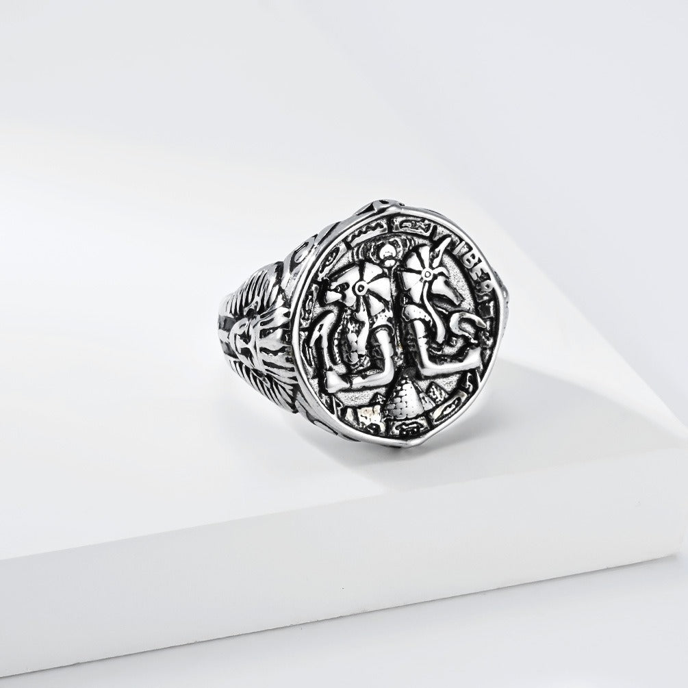 Kemstone Anubis Relief Signet Ring for Men Stainless Steel Egyptian Vintage K-R1216