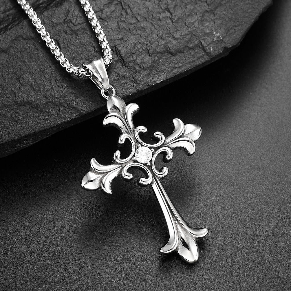 Kemstone Gothic Cross Pendant Necklace for Men Stainless Steel Cubic Zirconia Center K-PT375