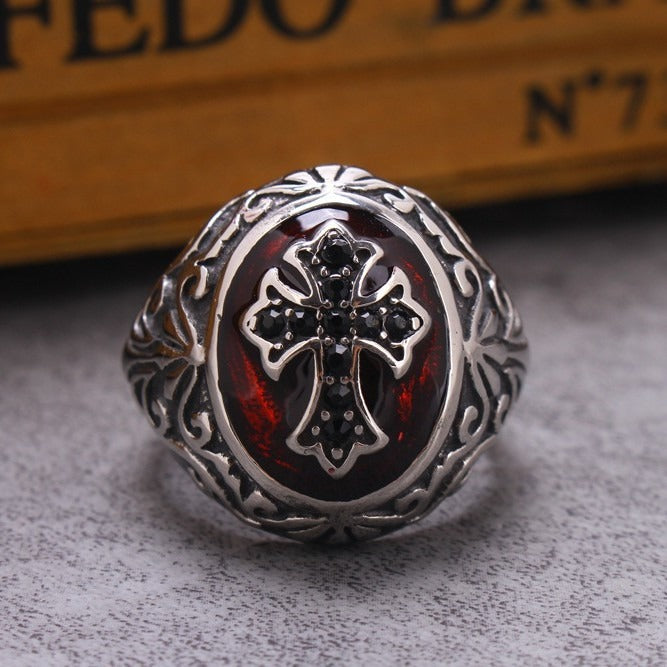 Kemstone Cross Signet Ring for Men Stainless Steel Red Accent Gothic Vintage TR0074
