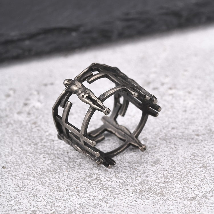 Kemstone Openwork Cross Ring for Men Stainless Steel Layered Metal RC-1116