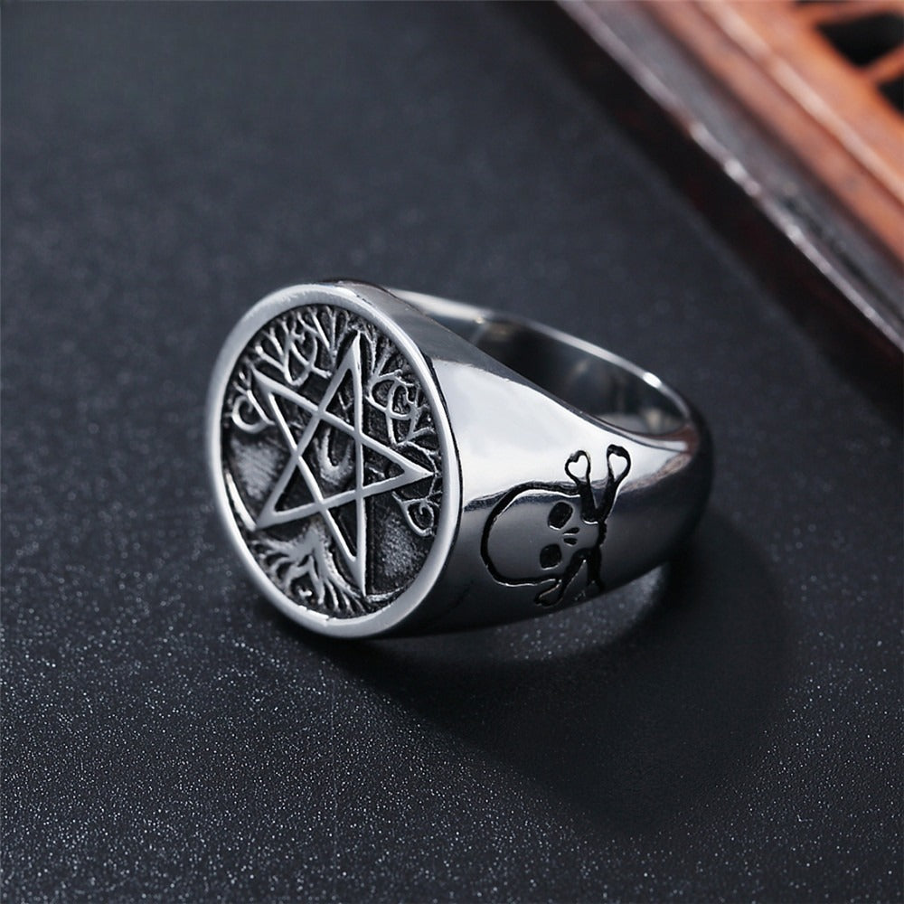 Kemstone Star Signet Ring for Men Titanium Steel Tree of Life Pattern Gothic Vintage R0484