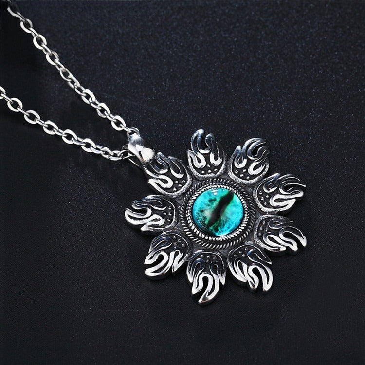 Kemstone Green Eye Pendant Necklace for Men Titanium Steel Flame Pattern P0202-NK04