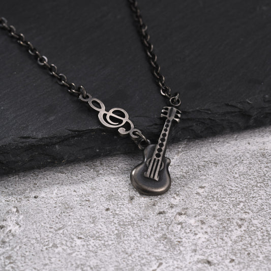 Kemston Guitar Necklace for Men Treble Clef Stainless Steel Vintage NC-3010