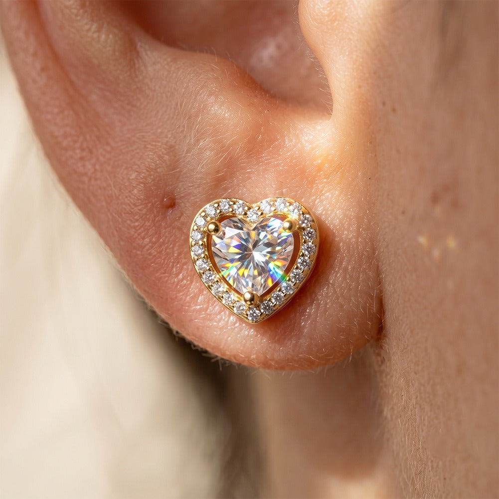 Kemston Heart Moissanite Stud Earrings for Women 925 Sterling Silver Halo SMOE38
