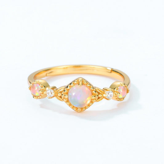 Anillo de ópalo de diseño original artesanal de Kemstone - Ajustable, plata S925, chapado en oro de 10 quilates