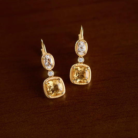 Pendientes colgantes de topacio y citrino estilo vintage Kemstone | Plata de ley 925 bañada en oro RSY-E350