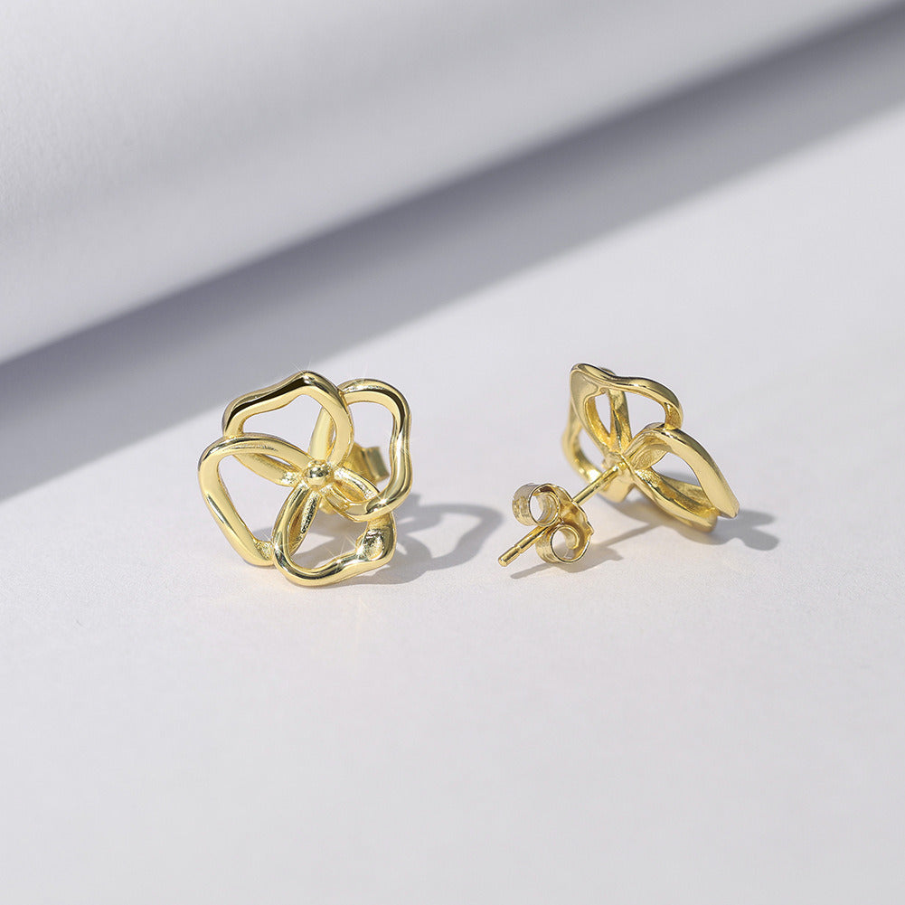 Leaf Stud Earrings – 925 Sterling Silver Gold Minimalist Floral Jewelry, Handmade Lucky Clover Hollow Design for Women A4-GAE13