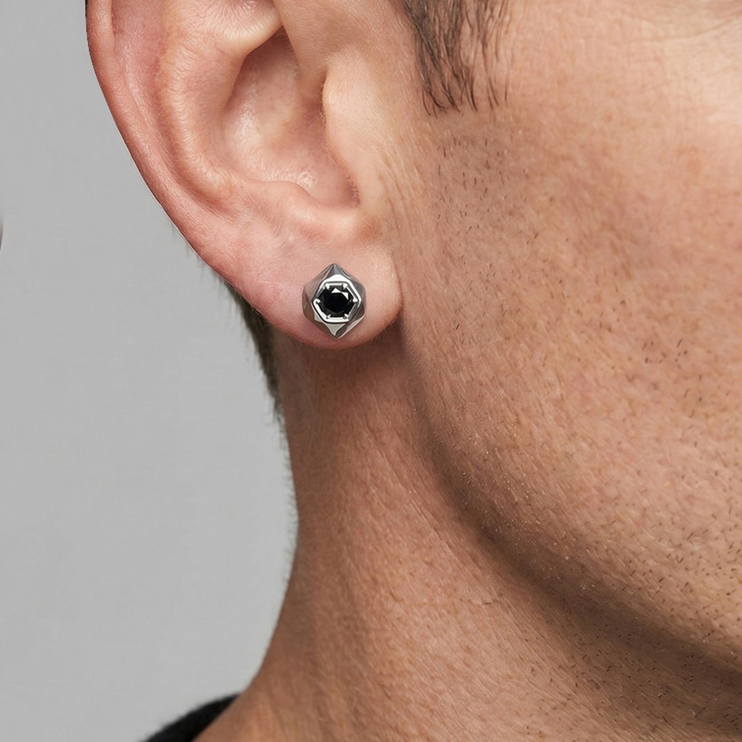Kemston Black Cubic Zirconia Hexagon Stud Earrings for Men Stainless Steel Minimal Geometric ES-796