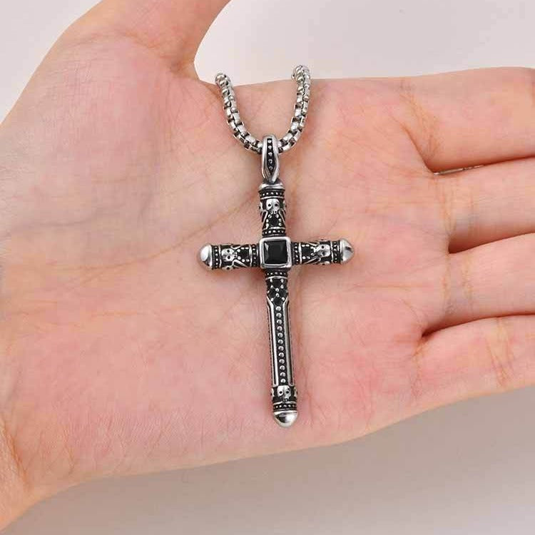 Kemston Cross Necklace for Men Black Cubic Zirconia Vintage Engraved Stainless Steel Pendant PN-2411