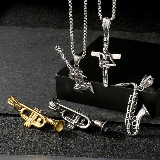 Kemstone Titanium Steel Skull Pendant Necklace with Musical Instruments – Hip Hop KP55730-BD