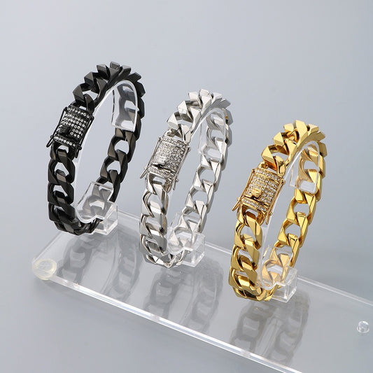 Kemstone Iced Out Cuban Link Bracelet for Men – Stainless Steel Dragon Buckle Hip Hop Punk KB186442-Z