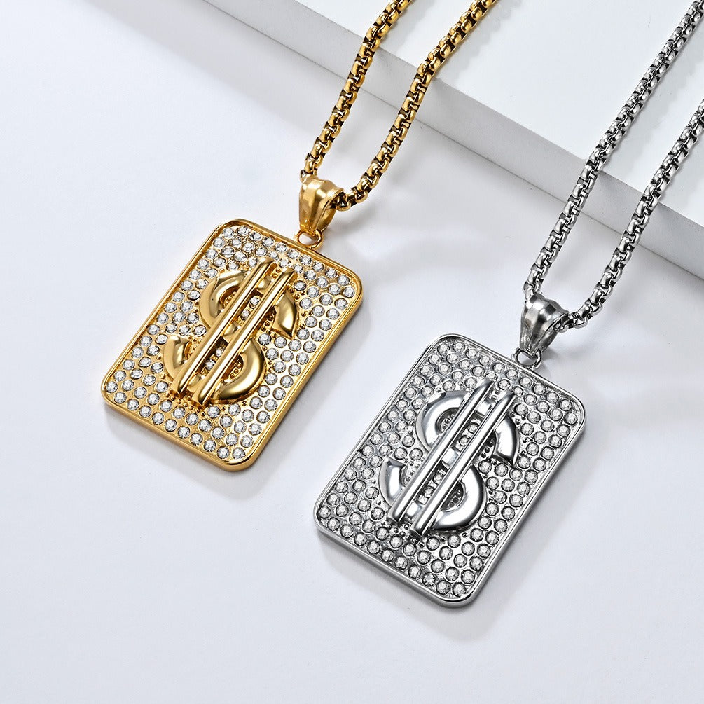Kemstone Men’s Titanium Steel Dollar Sign Pendant Necklace – Hip Hop Iced Out Style K-PT602