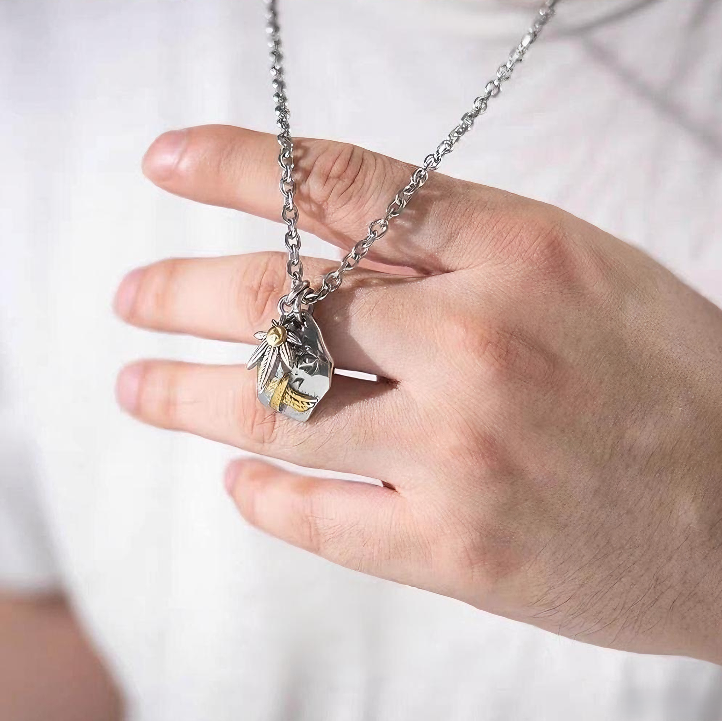 Kemstone Men’s Titanium Steel Necklace – Leaf & Eagle Pendant, Gold Accents NW-XL107