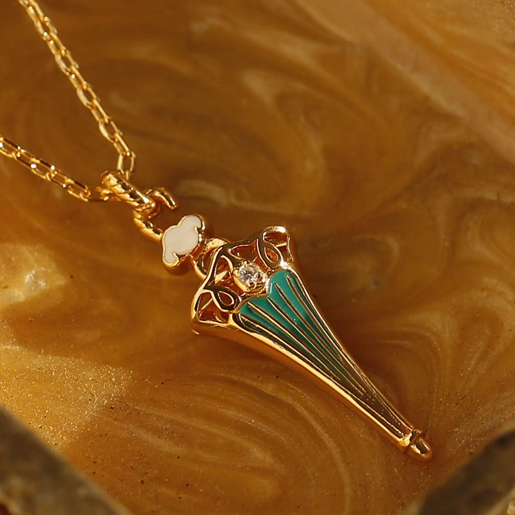 Kemstone Handcrafted Original Design "Rain Walker" Vintage Umbrella Necklace – 18" Gold-Plated 925 Sterling Silver with Enamel & Cubic Zirconia