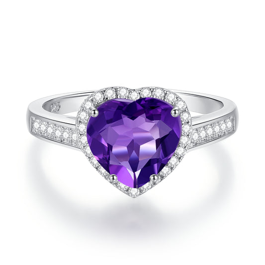 Kemstone 925 Sterling Silver Natural Amethyst Ring Heart Love Rings Valentine's Day Gift (size 5-10)
