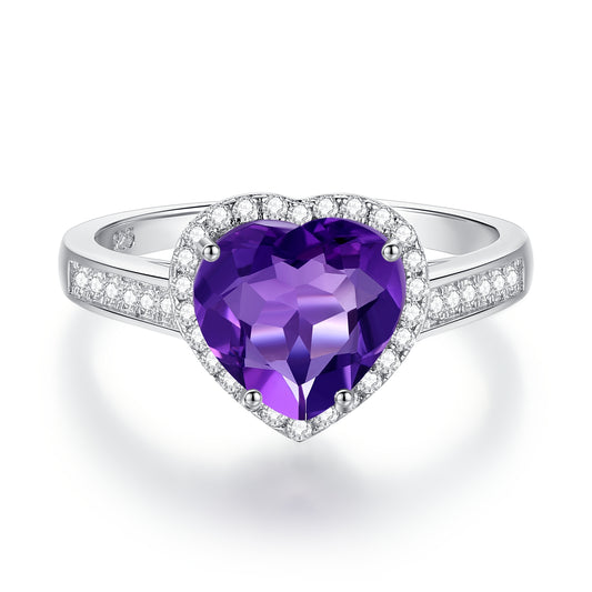 Kemstone Ring aus 925er Sterlingsilber mit natürlichem Amethyst, Herz-Liebesringe, Geschenk zum Valentinstag (Größe 5–10)