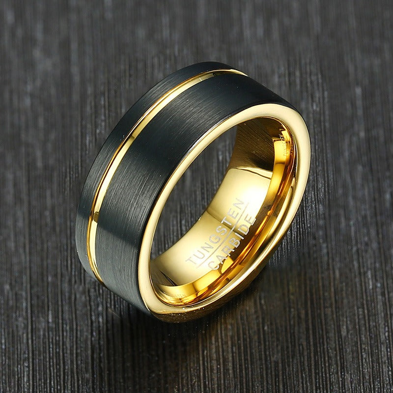 Kemstone 8mm Brushed Tungsten Ring – Black & Gold Groove Design for Men TCR-049