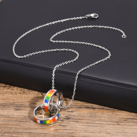 Kemstone Stainless Steel Double Ring Pendant Necklace for Men – Interlocking Color Enamel Bands PPN-006