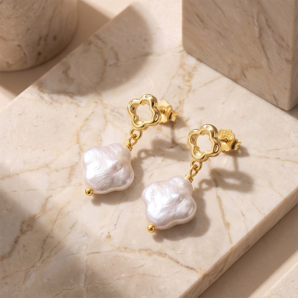 Kemston Irregular Baroque Pearl Drop Earrings for Women 925 Sterling Silver Openwork Floral Gold Tone GPE143
