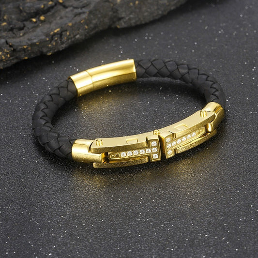 Kemston T-Bar Braided Leather Bracelet for Men Titanium Steel Stone Accent Gold Silver KB163596-KFC