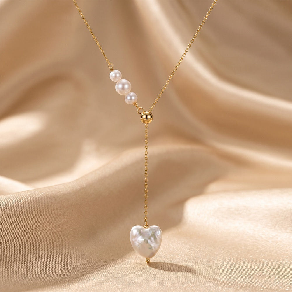 Kemston Baroque Heart Freshwater Pearl Y Necklace for Women 925 Sterling Silver Gold Tone GPN116