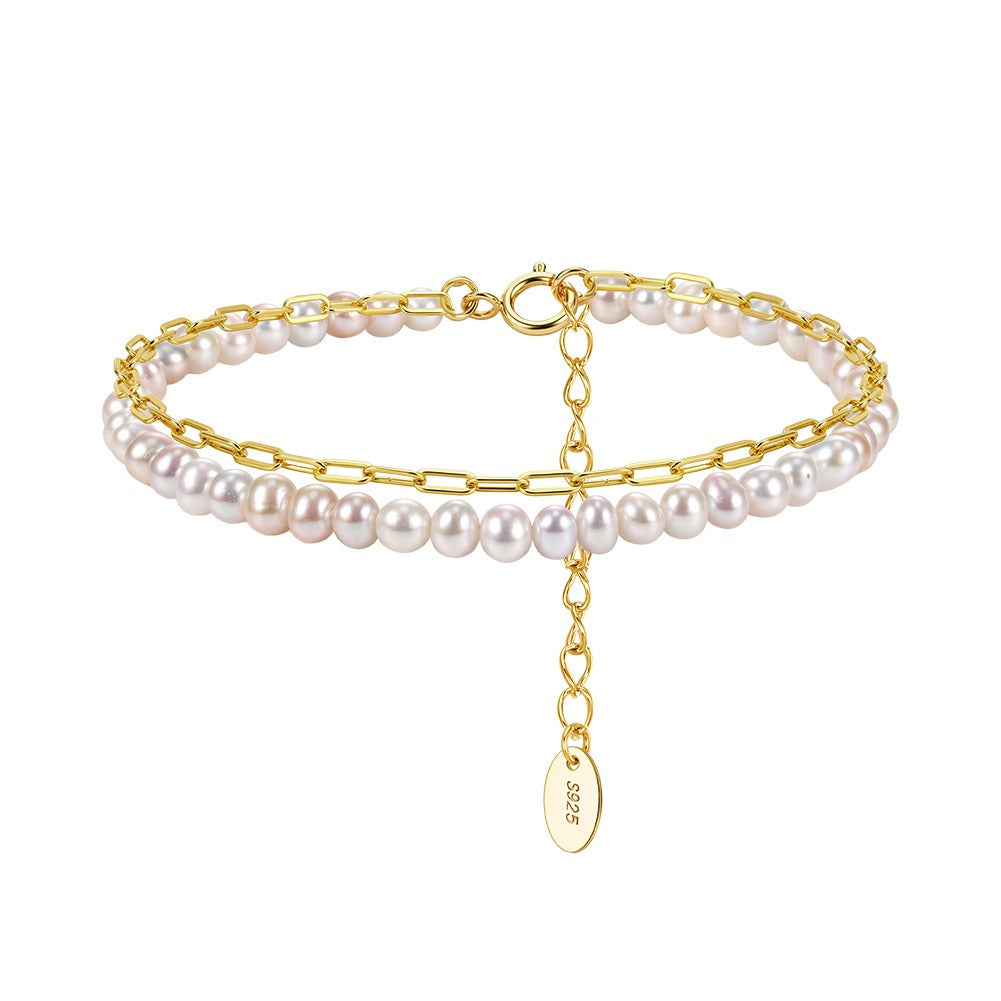 Kemston Double Layer Freshwater Pearl Bracelet for Women 925 Sterling Silver 14K Gold Plated GPB66