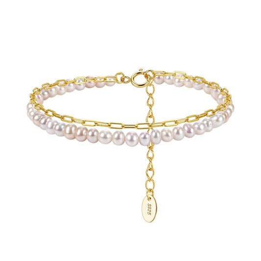 Kemston Double Layer Freshwater Pearl Bracelet for Women 925 Sterling Silver 14K Gold Plated GPB66