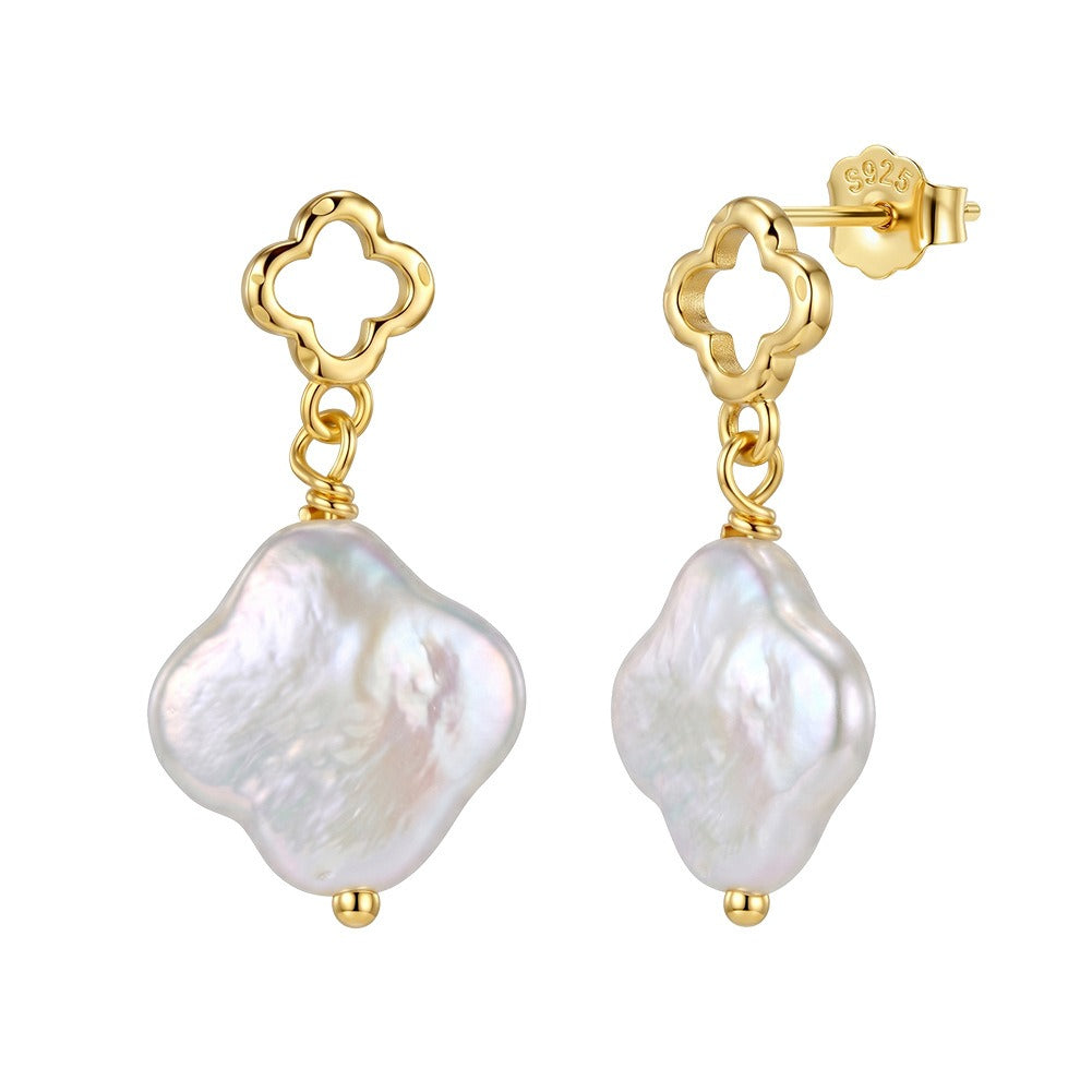 Kemston Irregular Baroque Pearl Drop Earrings for Women 925 Sterling Silver Openwork Floral Gold Tone GPE143