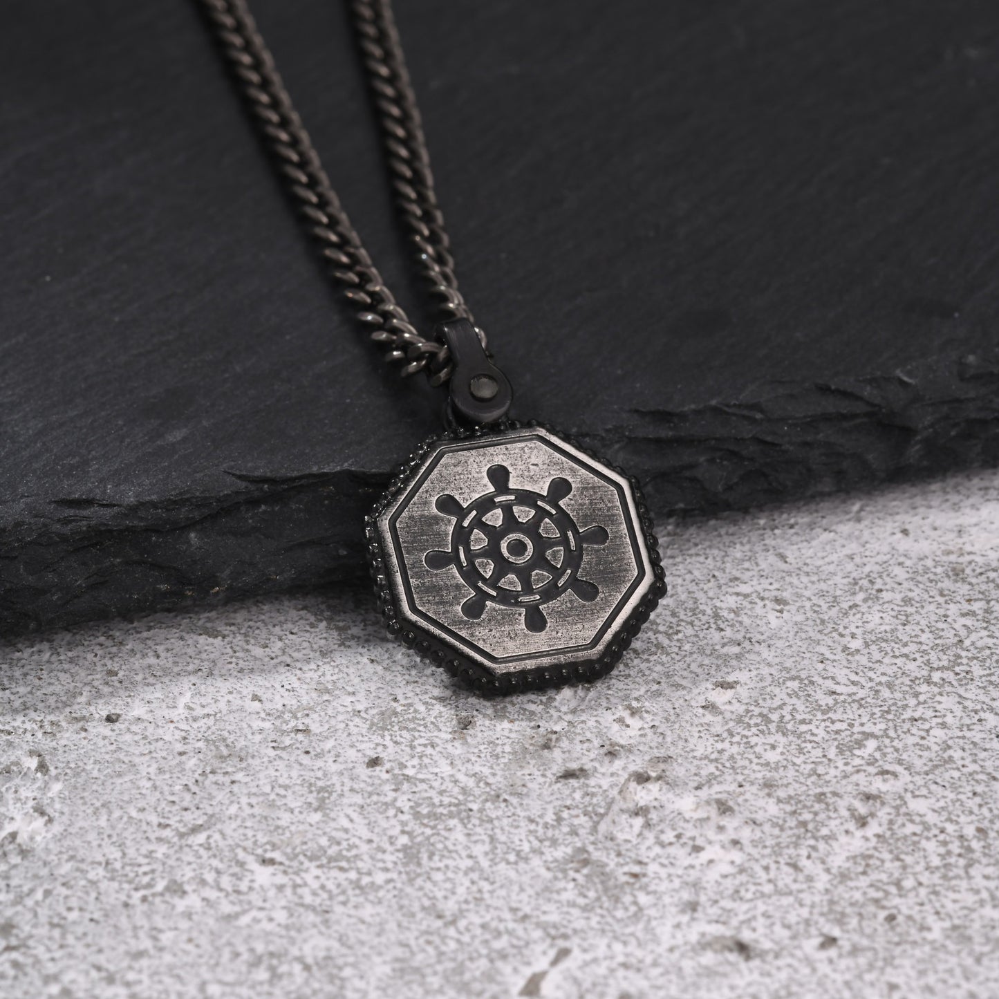 Kemston Octagon Ship Wheel Pendant Necklace for Men Stainless Steel Vintage Silver PN-2398