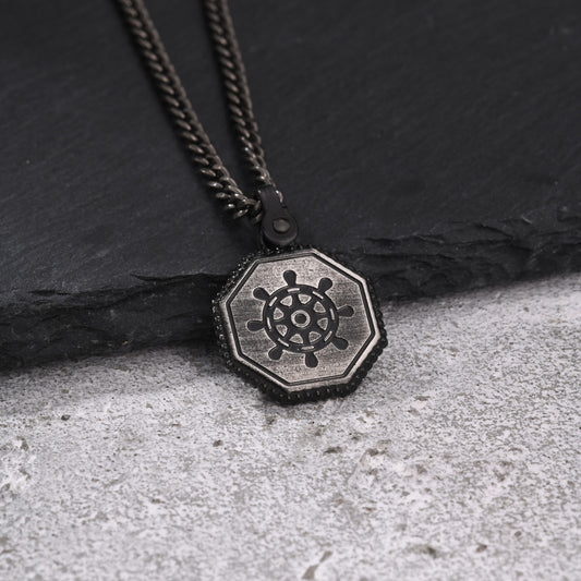 Kemston Octagon Ship Wheel Pendant Necklace for Men Stainless Steel Vintage Silver PN-2398