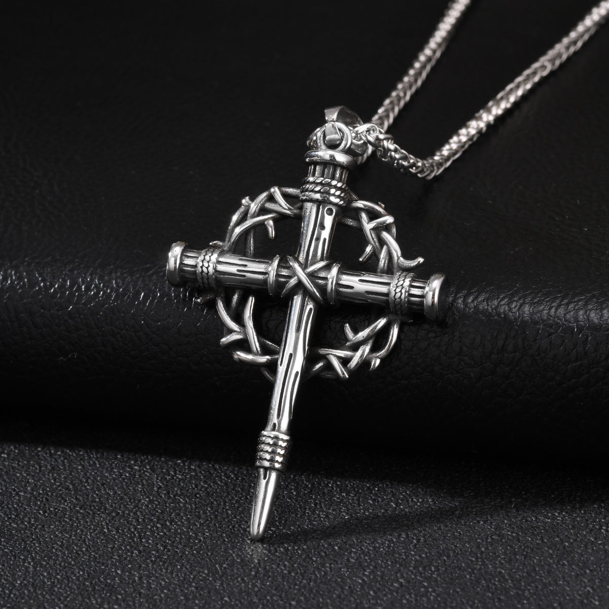 Kemston Thorn-Wrapped Gothic Cross Necklace for Men Stainless Steel Vintage Silver PN-2463S