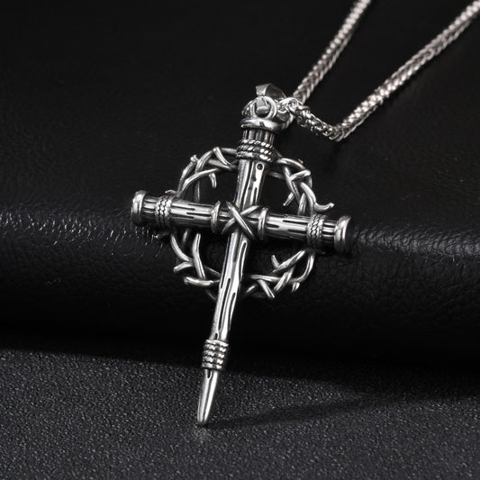 Kemston Thorn-Wrapped Gothic Cross Necklace for Men Stainless Steel Vintage Silver PN-2463S