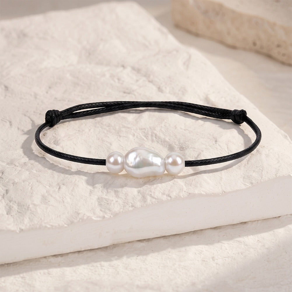 Kemston Three Pearl Baroque Freshwater Pearl Bracelet for Women Adjustable Black Cord GPB73
