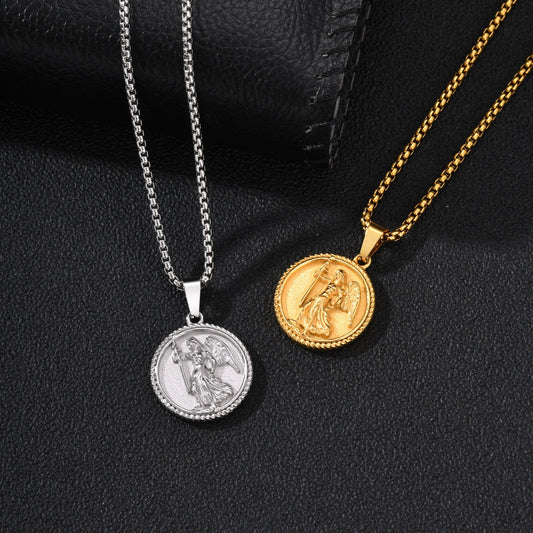 Kemston Winged Figure Medallion Necklace for Men Stainless Steel Gold Silver PN-2424