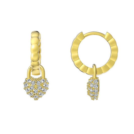 Heart Huggie Earrings – 925 Sterling Silver Dainty Drop Hoops, Handmade Gold CZ Earrings by Kemstone A4-SE385