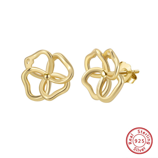 Leaf Stud Earrings – 925 Sterling Silver Gold Minimalist Floral Jewelry, Handmade Lucky Clover Hollow Design for Women A4-GAE13