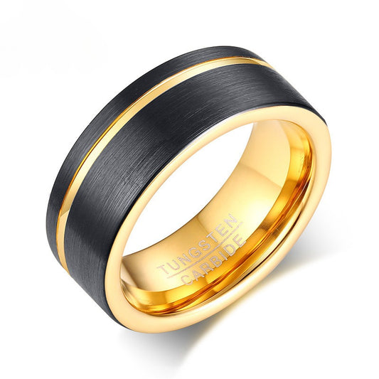Kemstone 8mm Brushed Tungsten Ring – Black & Gold Groove Design for Men TCR-049