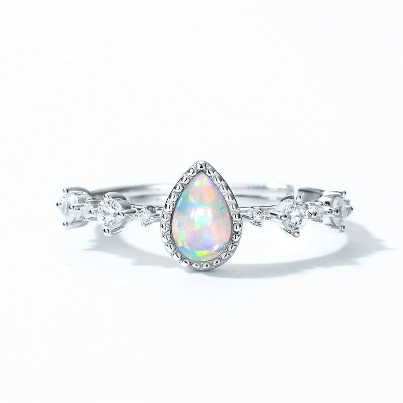 Anillo ajustable de ópalo de lujo, diseño original, hecho a mano por Kemstone - Plata S925 con baño de platino - Anillos abiertos con diseño