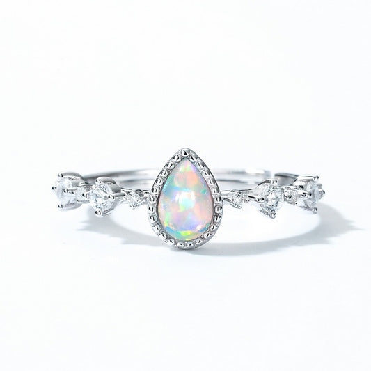 Anillo ajustable de ópalo de lujo, diseño original, hecho a mano por Kemstone - Plata S925 con baño de platino - Anillos abiertos con diseño