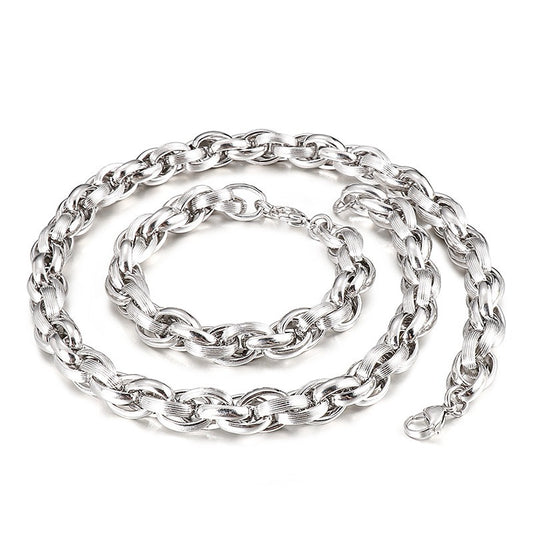 Kemstone Dual-Clasp O-Chain Set – Textured Stainless Steel Necklace & Bracelet for Men KB80794-Z