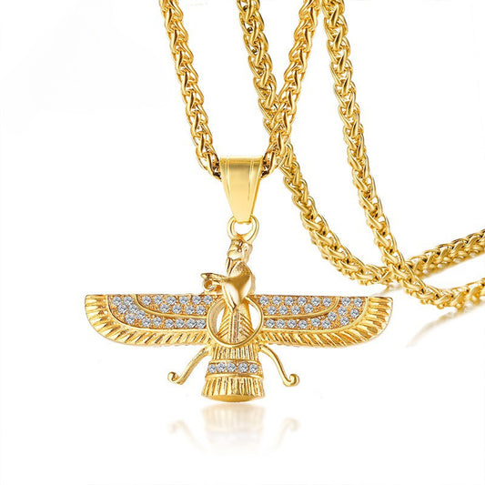 Kemstone Faravahar Titanium Steel Pendant Necklace – Zoroastrian Symbol with Crystal Accents PN1202
