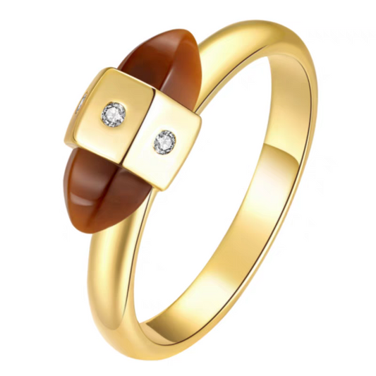 Anillo de ojo de tigre de plata de ley 925 bañado en oro con circonita cúbica, diseño original "Anillos Luminosos", hecho a mano, estilo vintage, hecho a mano, con diseño minimalista francés para mujer.