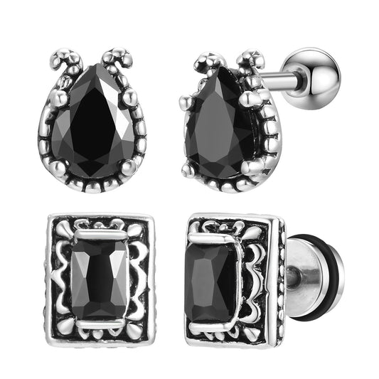 Kemstone Matte Black Steel Earrings – Geometric Zircon Studs for Men