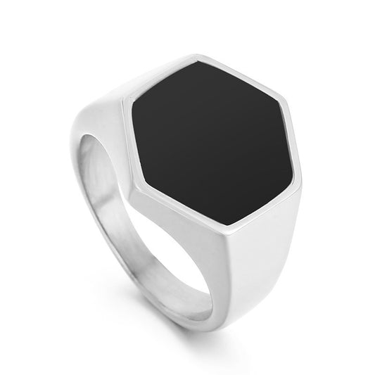 Kemstone Men’s Hexagon Signet Ring – Stainless Steel Black Epoxy Resin Inlay | Gothic Minimalist Jewelry KR105856-KFC
