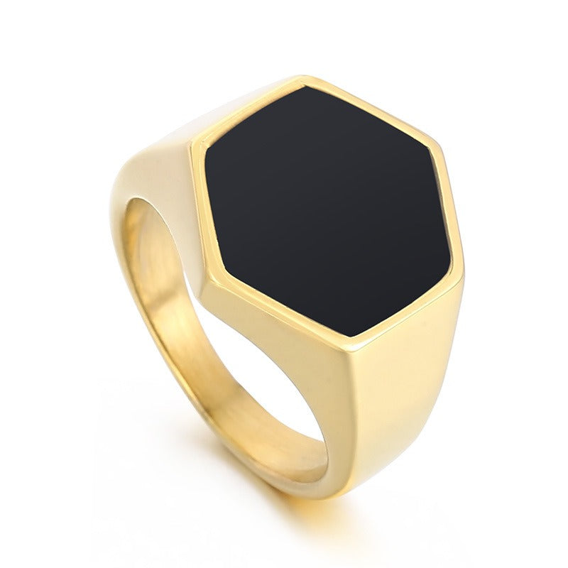 Kemstone Men’s Hexagon Signet Ring – Stainless Steel Black Epoxy Resin Inlay | Gothic Minimalist Jewelry KR105856-KFC