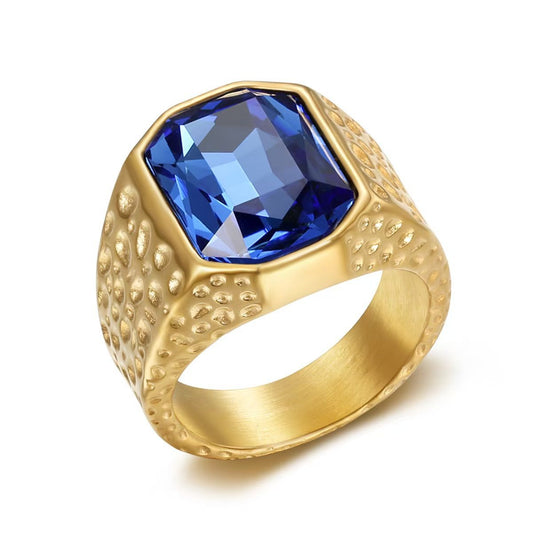 Kemstone Men’s Stainless Steel Hip Hop Ring – Gold Crystal Band TR0505