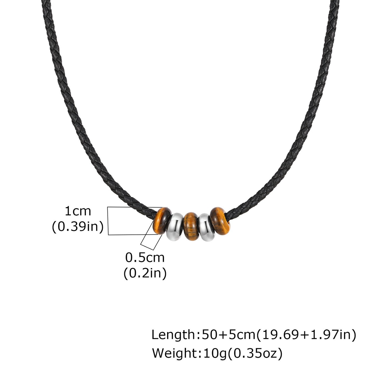 Kemstone Men’s PU Leather Necklace – Black Cord with Tiger Eye & Stainless Steel Beads NC-2405